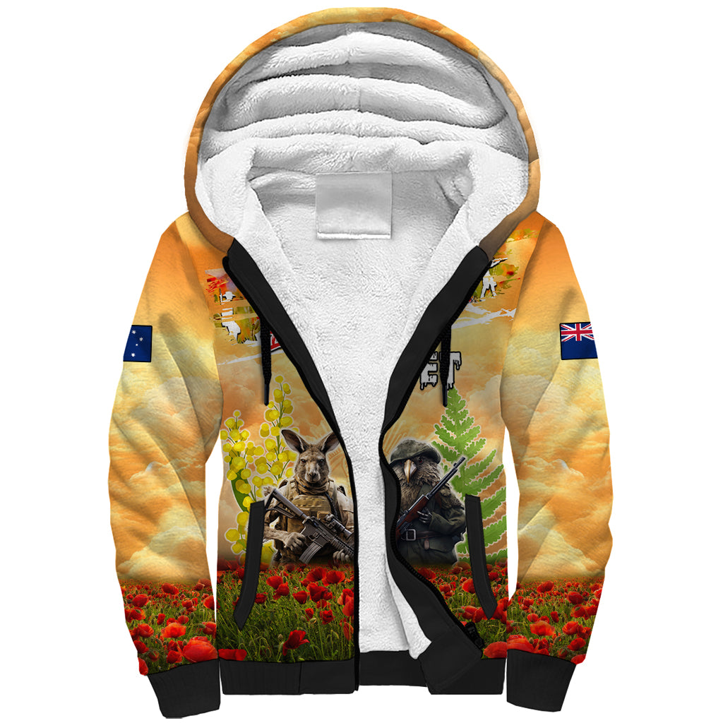 Australia And New Zealand ANZAC Day Sherpa Hoodie Kangaroo And Kiwi Bird Soldiers Lest We Forget