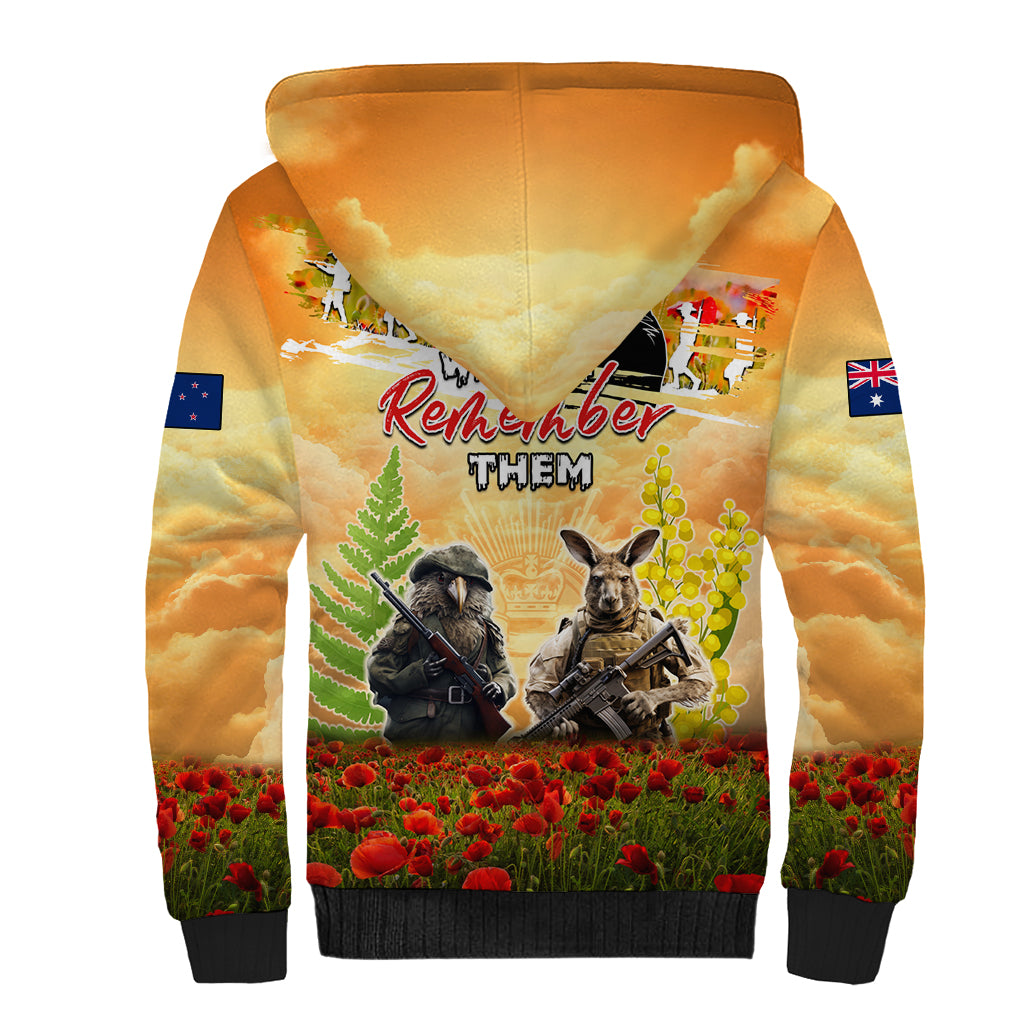 Australia And New Zealand ANZAC Day Sherpa Hoodie Kangaroo And Kiwi Bird Soldiers Lest We Forget