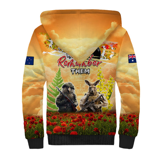 Australia And New Zealand ANZAC Day Sherpa Hoodie Kangaroo And Kiwi Bird Soldiers Lest We Forget