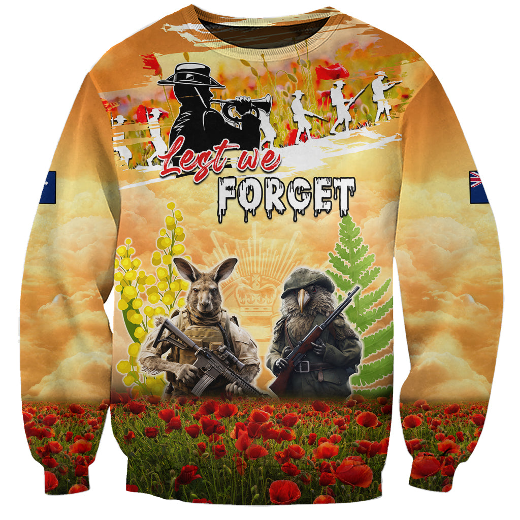 Australia And New Zealand ANZAC Day Sweatshirt Kangaroo And Kiwi Bird Soldiers Lest We Forget