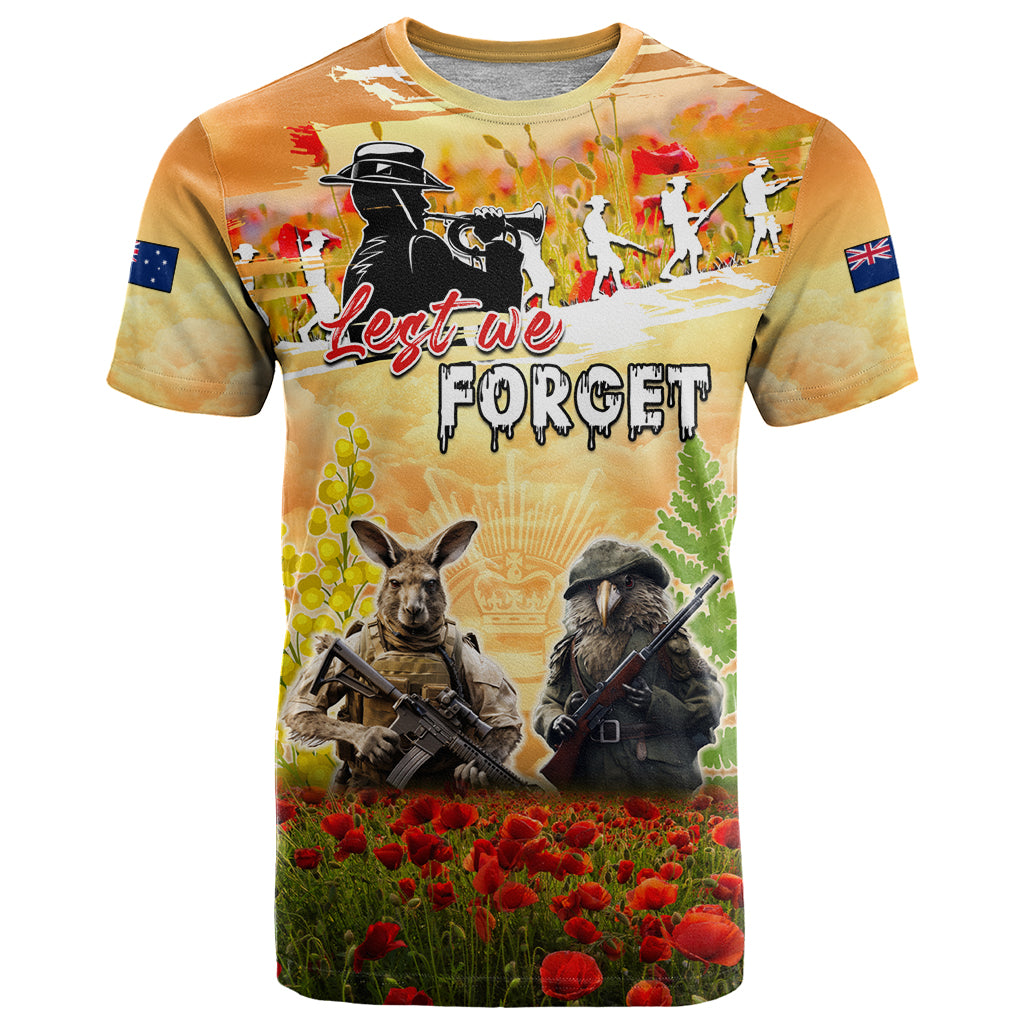 Australia And New Zealand ANZAC Day T Shirt Kangaroo And Kiwi Bird Soldiers Lest We Forget