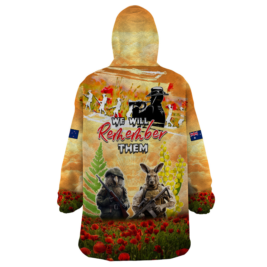 Australia And New Zealand ANZAC Day Wearable Blanket Hoodie Kangaroo And Kiwi Bird Soldiers Lest We Forget