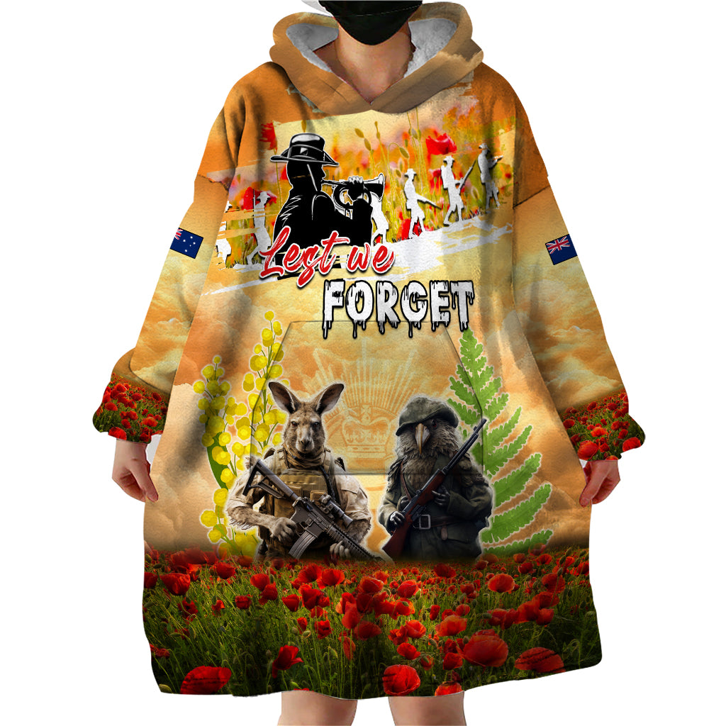 Australia And New Zealand ANZAC Day Wearable Blanket Hoodie Kangaroo And Kiwi Bird Soldiers Lest We Forget