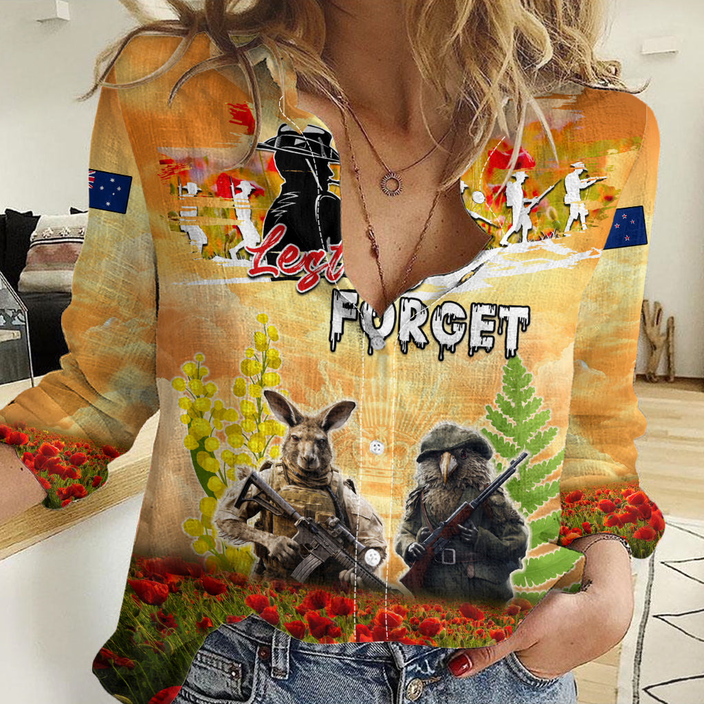 Australia And New Zealand ANZAC Day Women Casual Shirt Kangaroo And Kiwi Bird Soldiers Lest We Forget