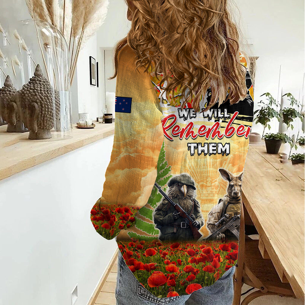 Australia And New Zealand ANZAC Day Women Casual Shirt Kangaroo And Kiwi Bird Soldiers Lest We Forget
