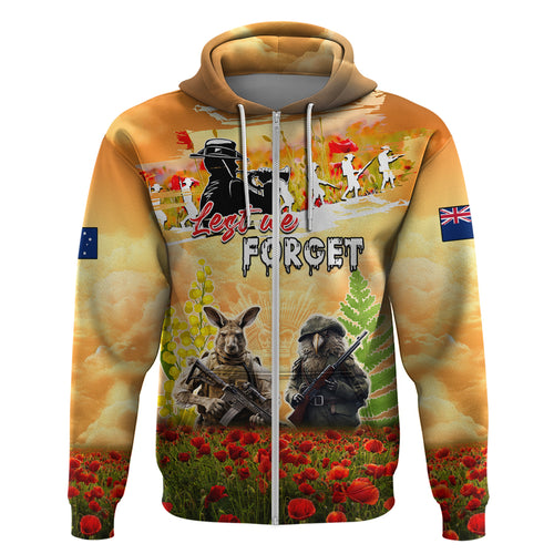 Australia And New Zealand ANZAC Day Zip Hoodie Kangaroo And Kiwi Bird Soldiers Lest We Forget