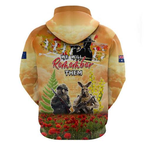 Australia And New Zealand ANZAC Day Zip Hoodie Kangaroo And Kiwi Bird Soldiers Lest We Forget