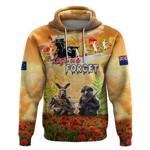 Australia And New Zealand ANZAC Day Zip Hoodie Kangaroo And Kiwi Bird Soldiers Lest We Forget