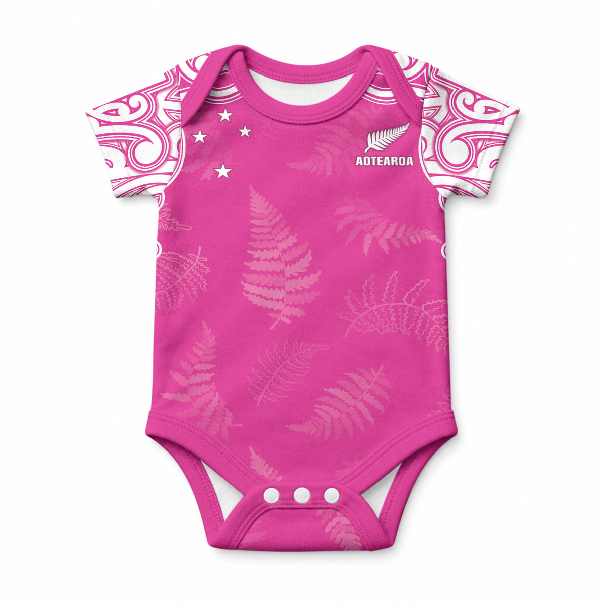 New Zealand Fern Women Rugby Custom Baby Onesie Pink Maori Pattern