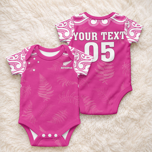 New Zealand Fern Women Rugby Custom Baby Onesie Pink Maori Pattern