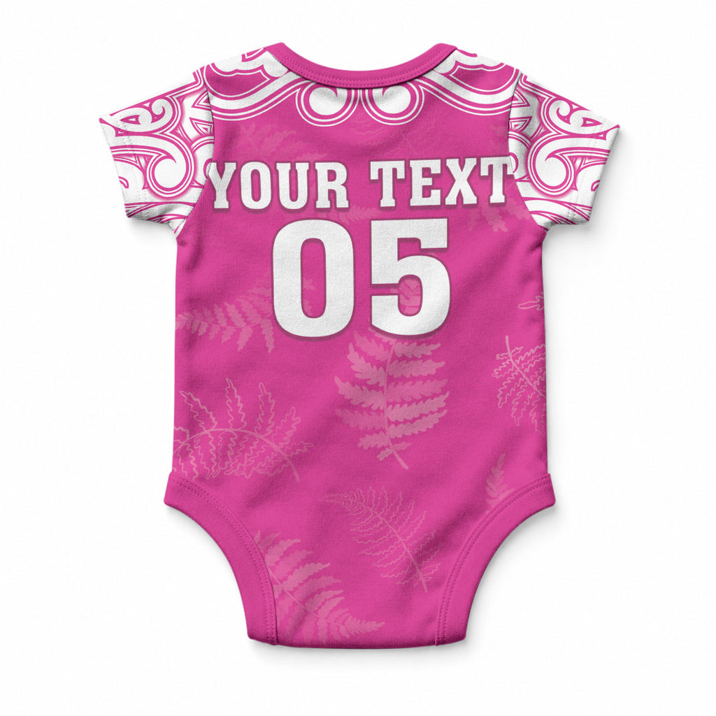 New Zealand Fern Women Rugby Custom Baby Onesie Pink Maori Pattern
