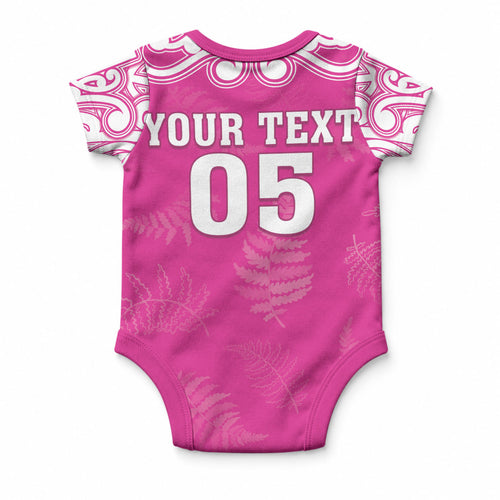 New Zealand Fern Women Rugby Custom Baby Onesie Pink Maori Pattern
