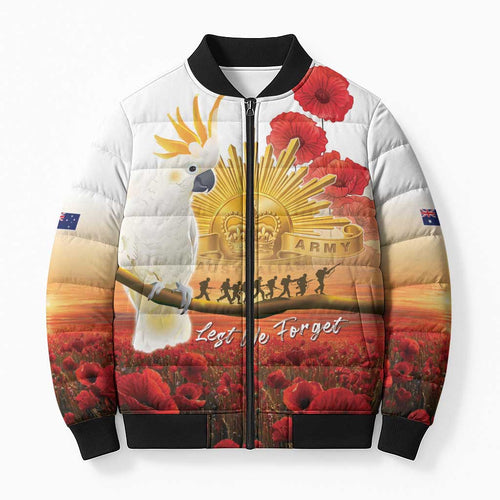 Australia Cockatoo ANZAC Day Bomber Puffer Jacket Lest We Forget