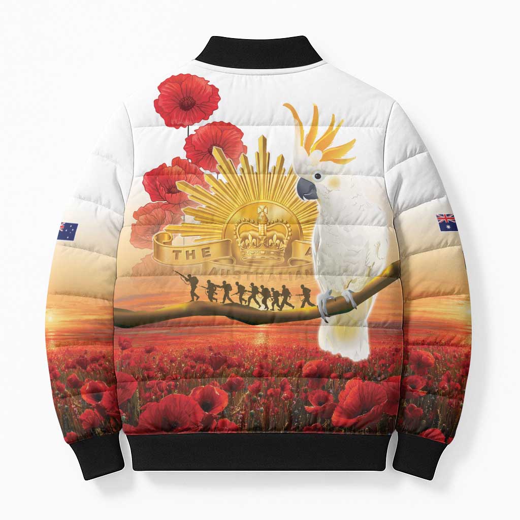 Australia Cockatoo ANZAC Day Bomber Puffer Jacket Lest We Forget