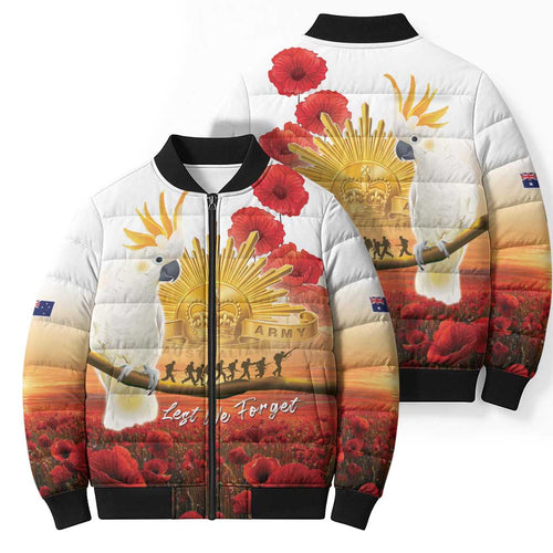 Australia Cockatoo ANZAC Day Bomber Puffer Jacket Lest We Forget