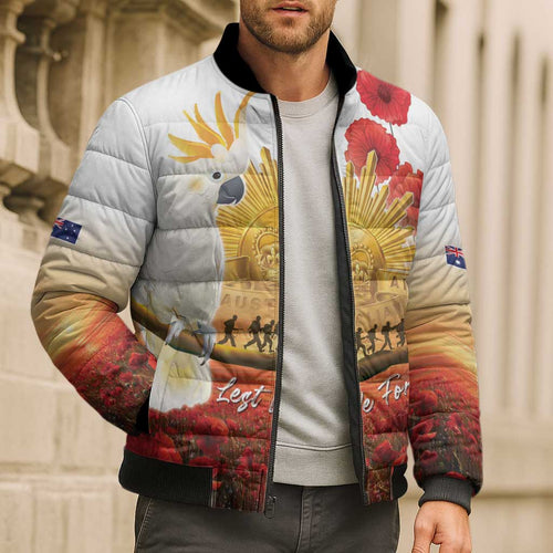 Australia Cockatoo ANZAC Day Bomber Puffer Jacket Lest We Forget