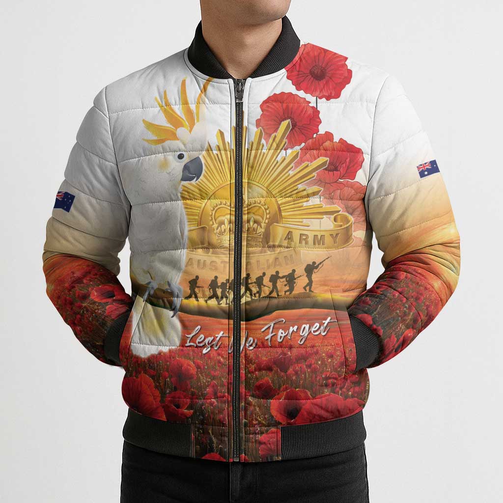 Australia Cockatoo ANZAC Day Bomber Puffer Jacket Lest We Forget
