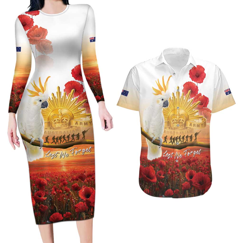 Australia Cockatoo ANZAC Day Couples Matching Long Sleeve Bodycon Dress and Hawaiian Shirt Lest We Forget