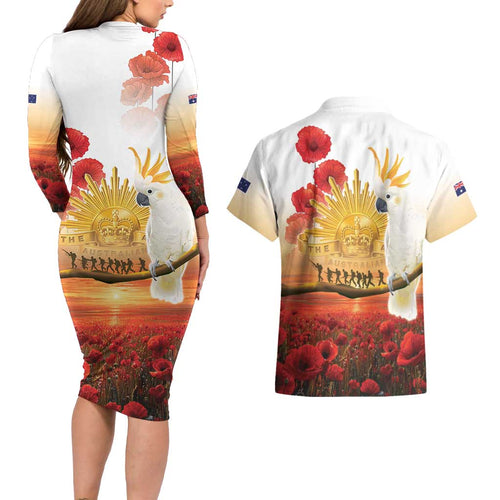 Australia Cockatoo ANZAC Day Couples Matching Long Sleeve Bodycon Dress and Hawaiian Shirt Lest We Forget