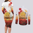 Australia Cockatoo ANZAC Day Couples Matching Long Sleeve Bodycon Dress and Long Sleeve Button Shirt Lest We Forget