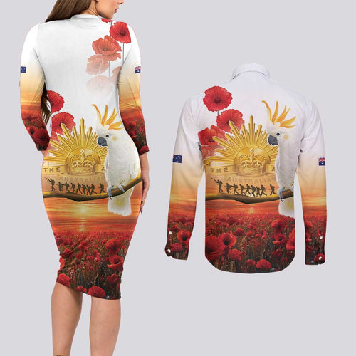 Australia Cockatoo ANZAC Day Couples Matching Long Sleeve Bodycon Dress and Long Sleeve Button Shirt Lest We Forget