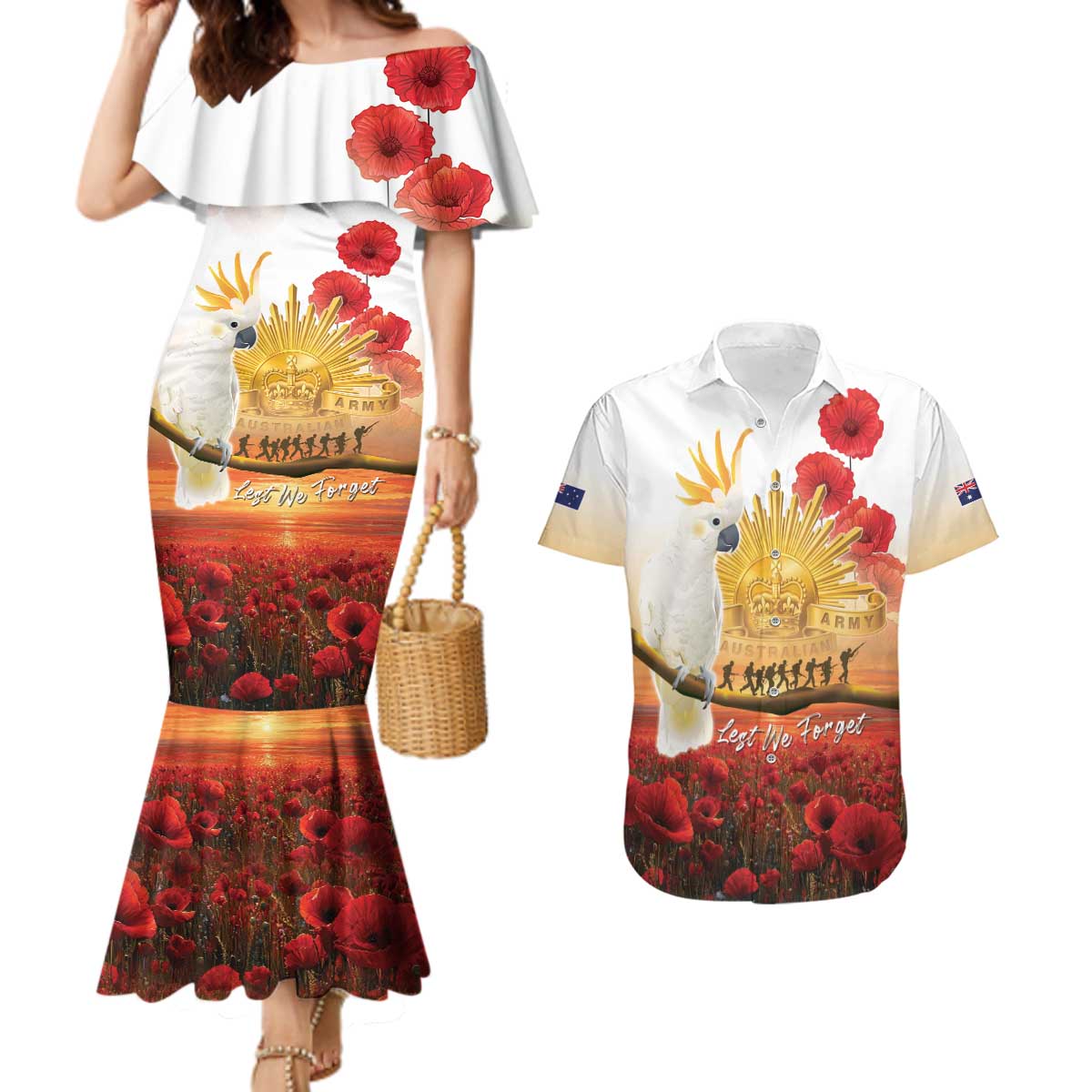 Australia Cockatoo ANZAC Day Couples Matching Mermaid Dress and Hawaiian Shirt Lest We Forget