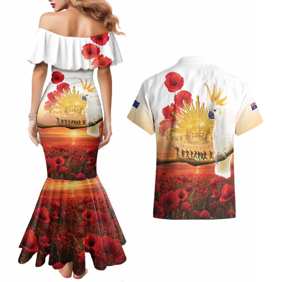 Australia Cockatoo ANZAC Day Couples Matching Mermaid Dress and Hawaiian Shirt Lest We Forget