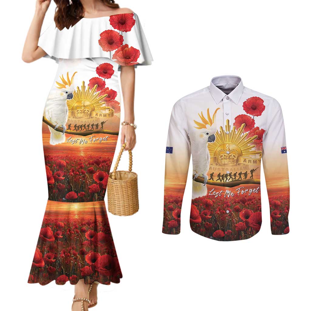 Australia Cockatoo ANZAC Day Couples Matching Mermaid Dress and Long Sleeve Button Shirt Lest We Forget