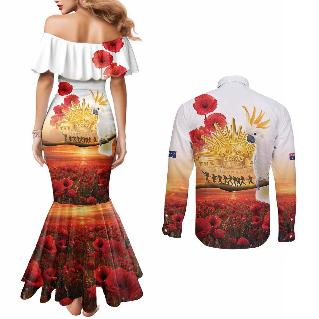 Australia Cockatoo ANZAC Day Couples Matching Mermaid Dress and Long Sleeve Button Shirt Lest We Forget