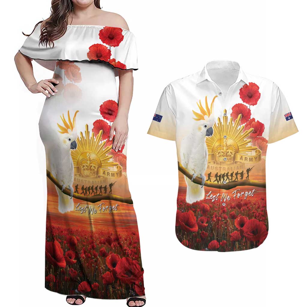 Australia Cockatoo ANZAC Day Couples Matching Off Shoulder Maxi Dress and Hawaiian Shirt Lest We Forget