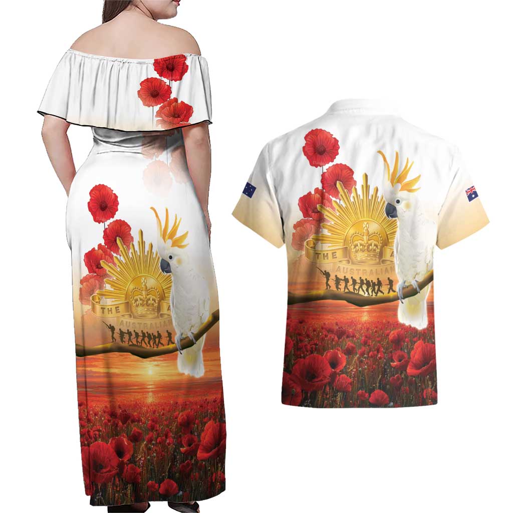 Australia Cockatoo ANZAC Day Couples Matching Off Shoulder Maxi Dress and Hawaiian Shirt Lest We Forget