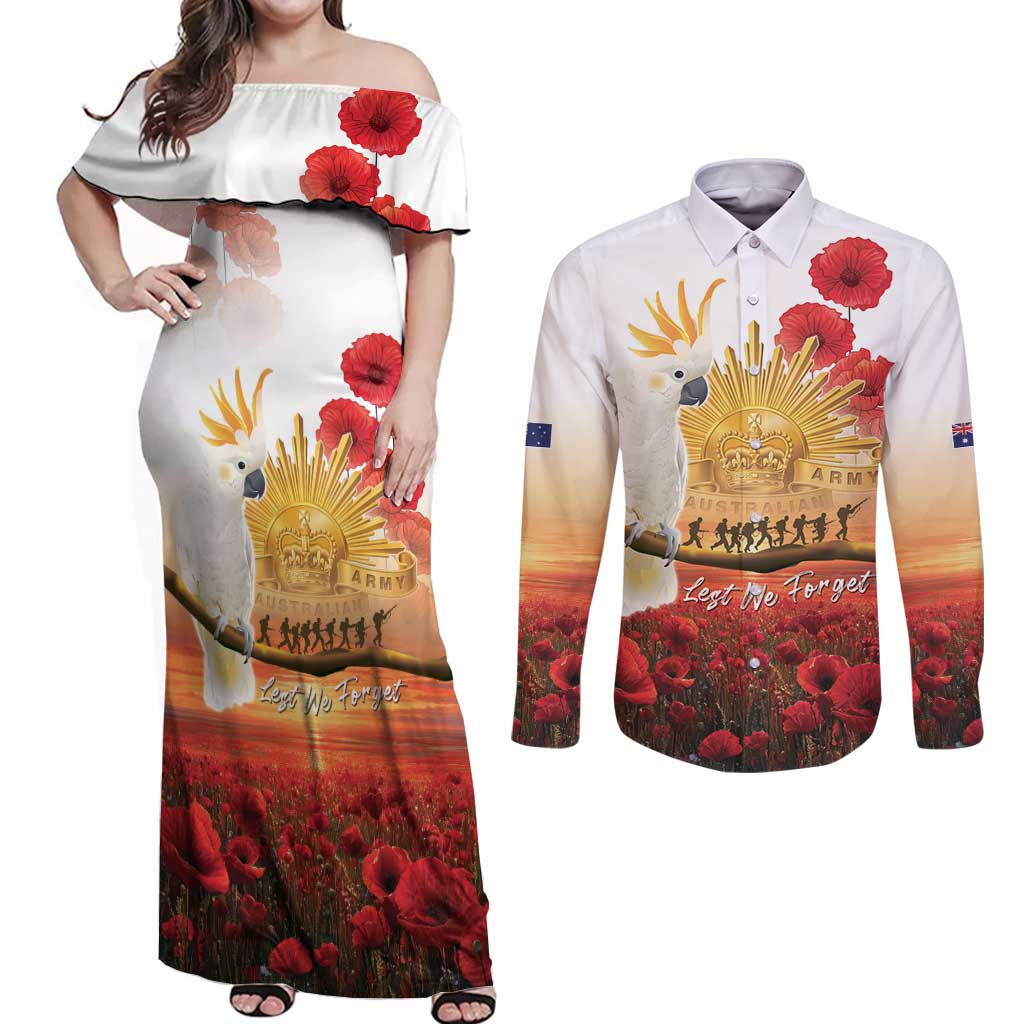 Australia Cockatoo ANZAC Day Couples Matching Off Shoulder Maxi Dress and Long Sleeve Button Shirt Lest We Forget