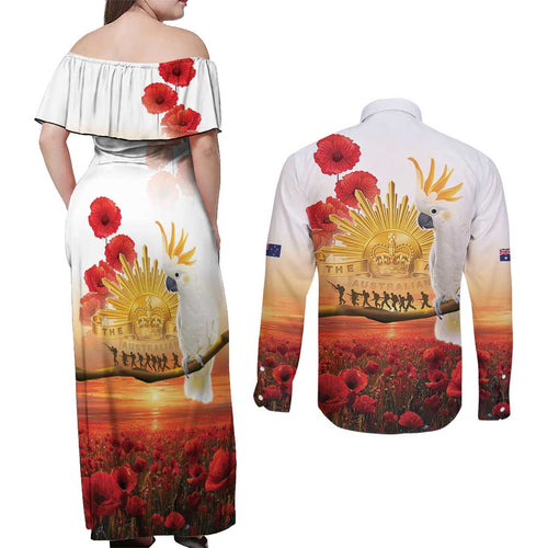 Australia Cockatoo ANZAC Day Couples Matching Off Shoulder Maxi Dress and Long Sleeve Button Shirt Lest We Forget