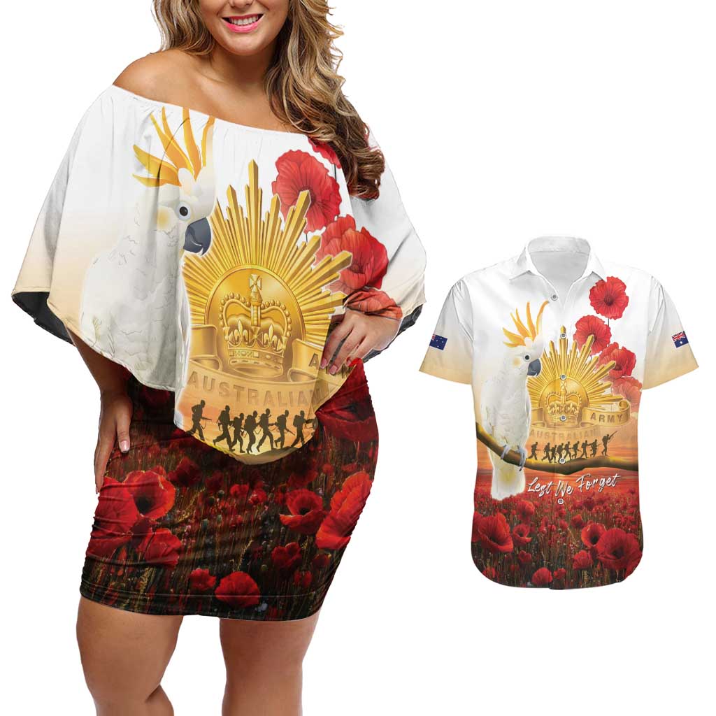 Australia Cockatoo ANZAC Day Couples Matching Off Shoulder Short Dress and Hawaiian Shirt Lest We Forget