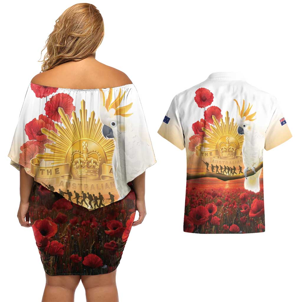 Australia Cockatoo ANZAC Day Couples Matching Off Shoulder Short Dress and Hawaiian Shirt Lest We Forget