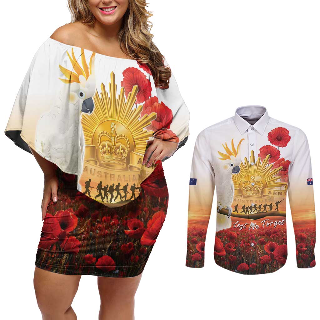 Australia Cockatoo ANZAC Day Couples Matching Off Shoulder Short Dress and Long Sleeve Button Shirt Lest We Forget
