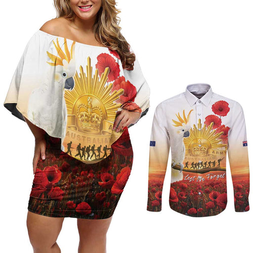 Australia Cockatoo ANZAC Day Couples Matching Off Shoulder Short Dress and Long Sleeve Button Shirt Lest We Forget