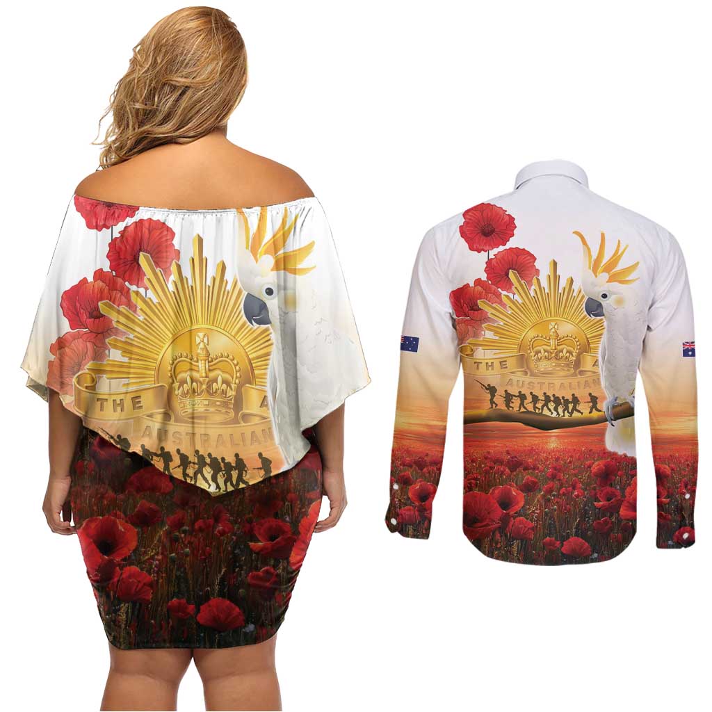 Australia Cockatoo ANZAC Day Couples Matching Off Shoulder Short Dress and Long Sleeve Button Shirt Lest We Forget