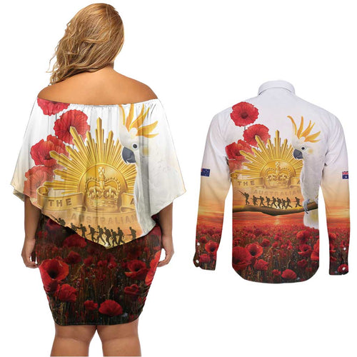 Australia Cockatoo ANZAC Day Couples Matching Off Shoulder Short Dress and Long Sleeve Button Shirt Lest We Forget