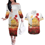 Australia Cockatoo ANZAC Day Couples Matching Off The Shoulder Long Sleeve Dress and Hawaiian Shirt Lest We Forget