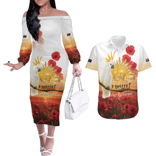 Australia Cockatoo ANZAC Day Couples Matching Off The Shoulder Long Sleeve Dress and Hawaiian Shirt Lest We Forget
