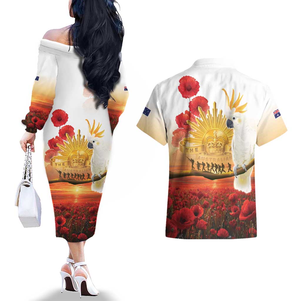 Australia Cockatoo ANZAC Day Couples Matching Off The Shoulder Long Sleeve Dress and Hawaiian Shirt Lest We Forget