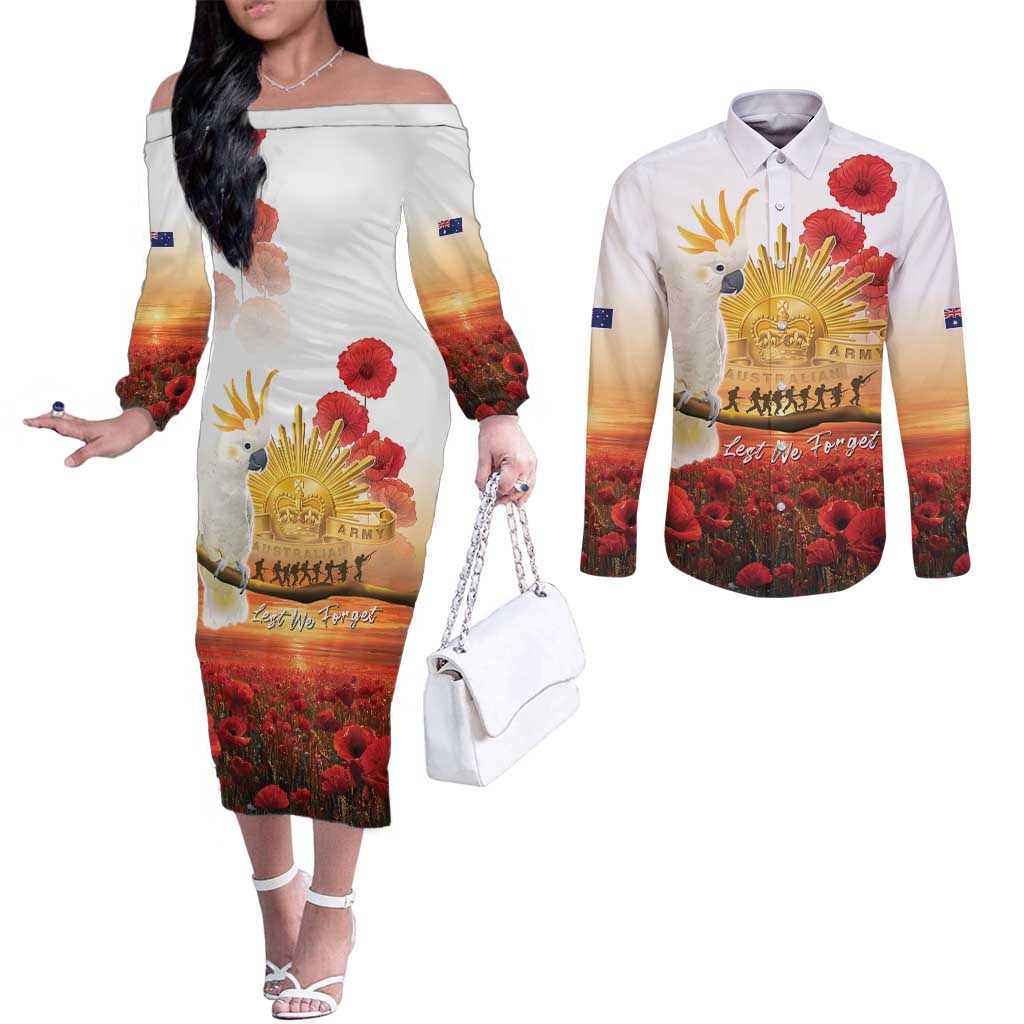 Australia Cockatoo ANZAC Day Couples Matching Off The Shoulder Long Sleeve Dress and Long Sleeve Button Shirt Lest We Forget