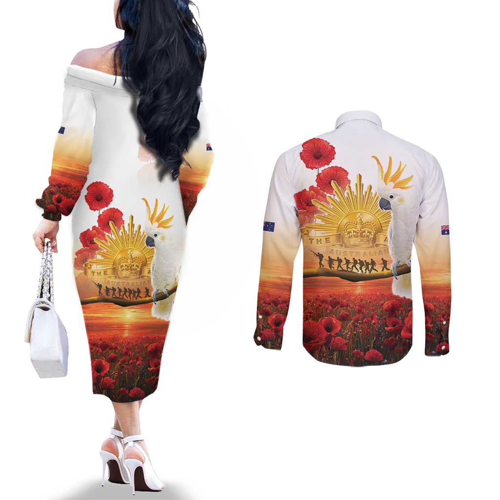 Australia Cockatoo ANZAC Day Couples Matching Off The Shoulder Long Sleeve Dress and Long Sleeve Button Shirt Lest We Forget