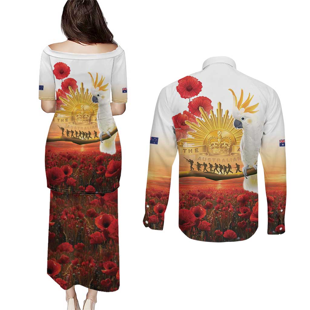 Australia Cockatoo ANZAC Day Couples Matching Puletasi and Long Sleeve Button Shirt Lest We Forget