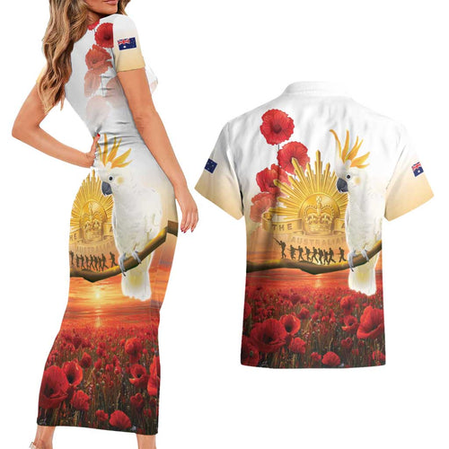 Australia Cockatoo ANZAC Day Couples Matching Short Sleeve Bodycon Dress and Hawaiian Shirt Lest We Forget