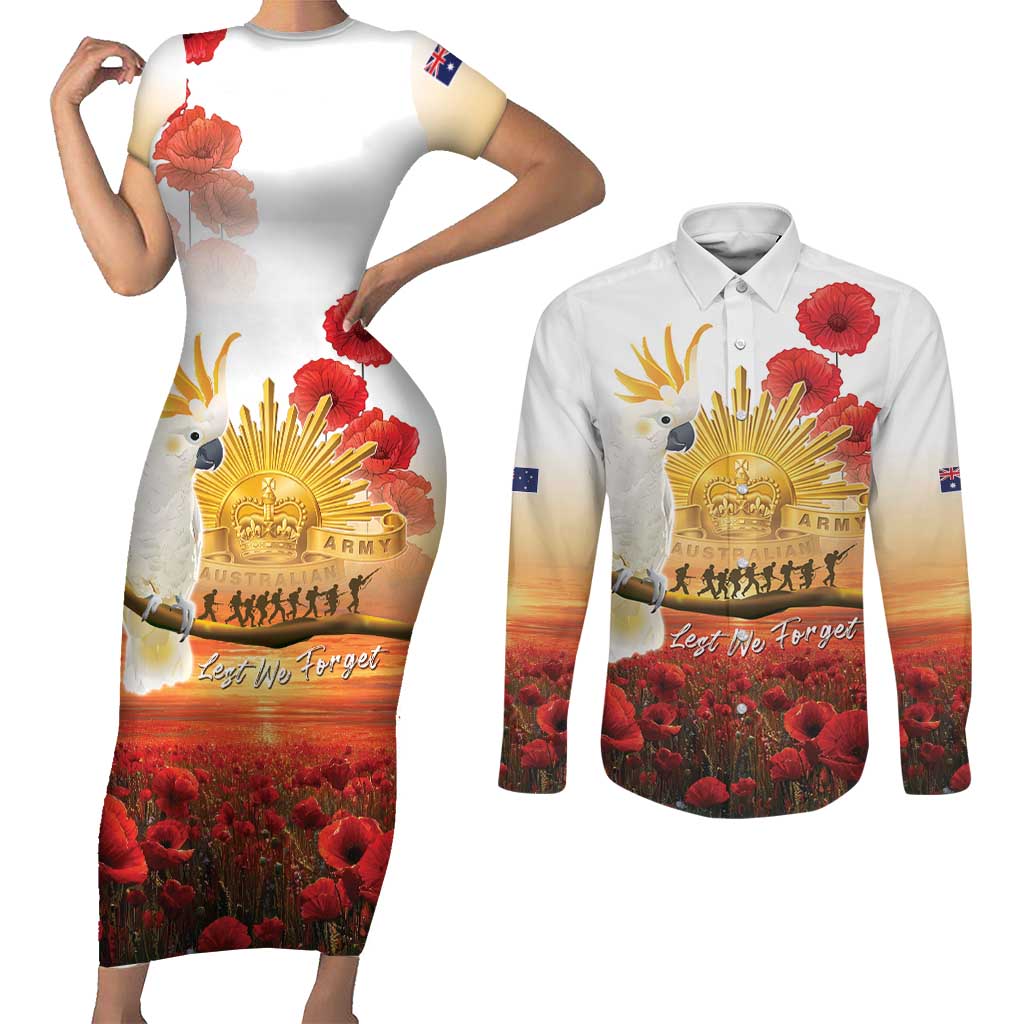 Australia Cockatoo ANZAC Day Couples Matching Short Sleeve Bodycon Dress and Long Sleeve Button Shirt Lest We Forget