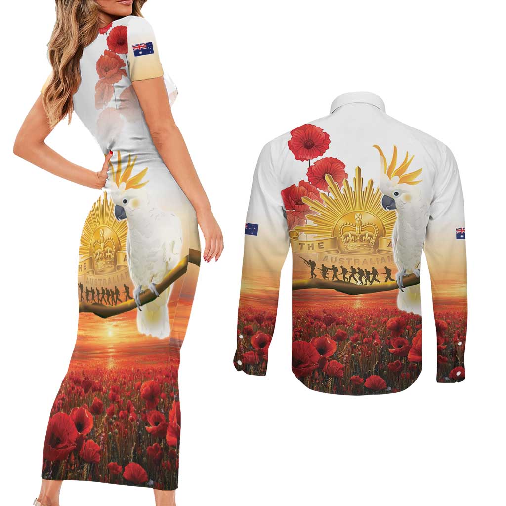 Australia Cockatoo ANZAC Day Couples Matching Short Sleeve Bodycon Dress and Long Sleeve Button Shirt Lest We Forget