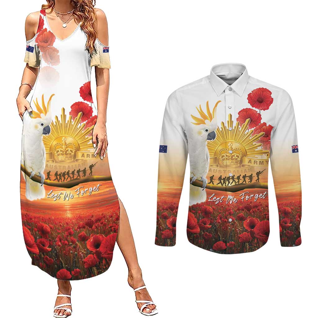 Australia Cockatoo ANZAC Day Couples Matching Summer Maxi Dress and Long Sleeve Button Shirt Lest We Forget