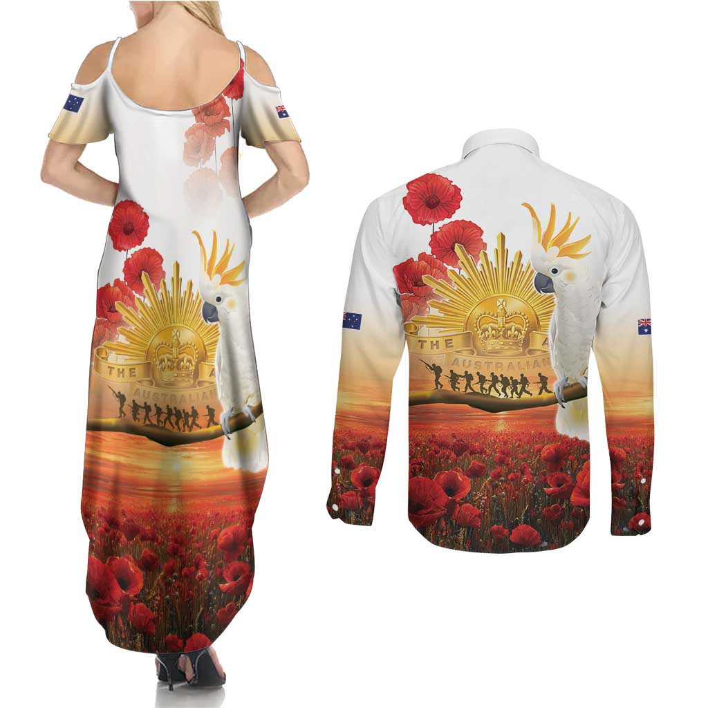 Australia Cockatoo ANZAC Day Couples Matching Summer Maxi Dress and Long Sleeve Button Shirt Lest We Forget